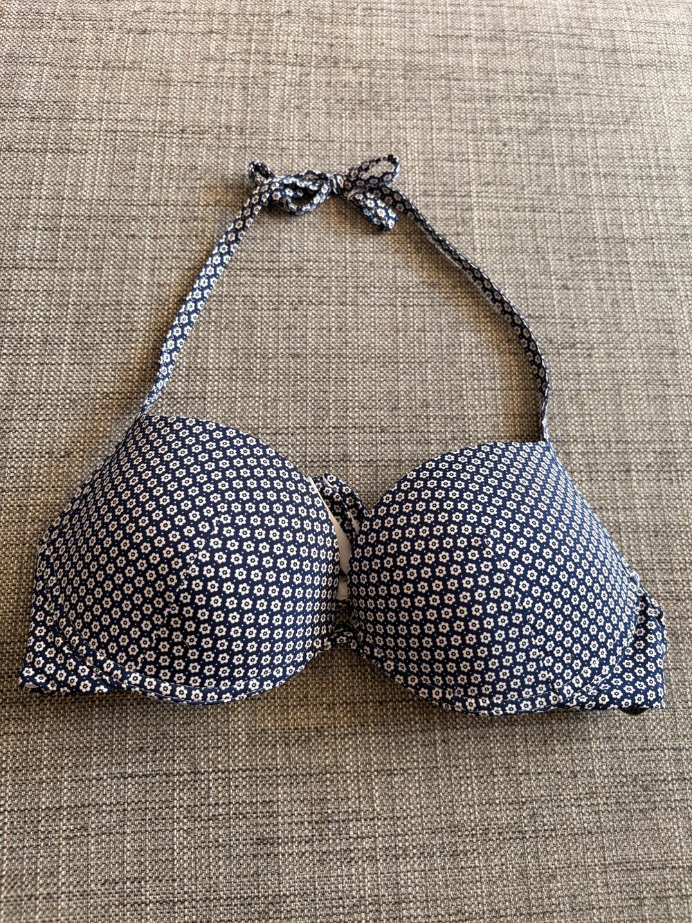 Tezenis Bikini Top Blue White Floral Padded Underwire Halter Tie Swim Size S